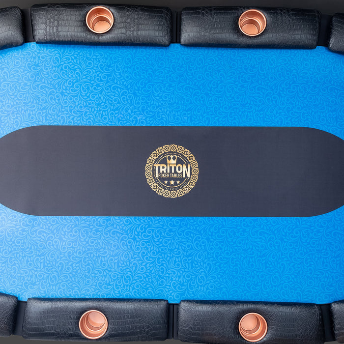 Blue pool table with Triton Poker Tables logo on a black rail.