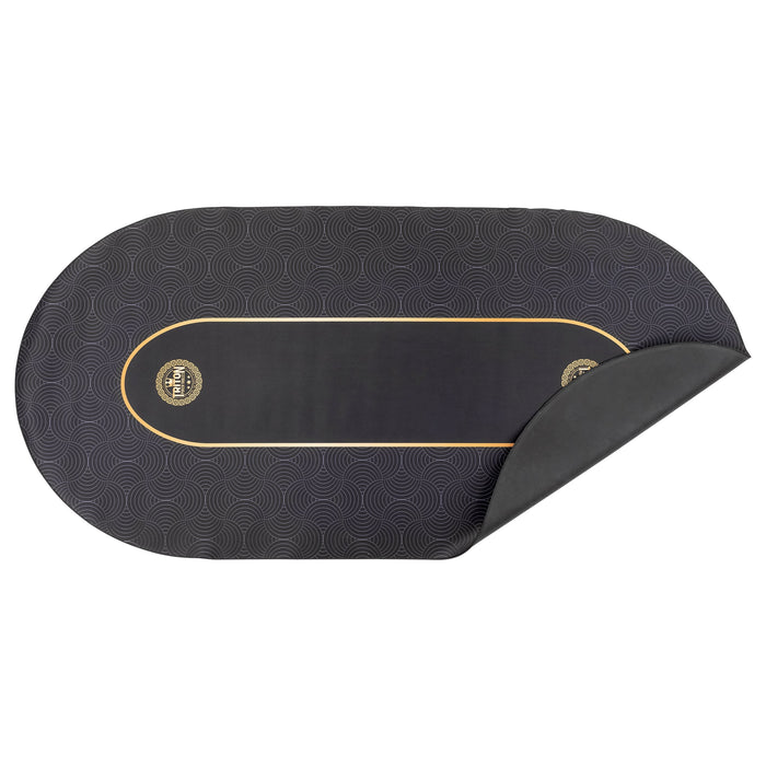 Black seat cover with gold stitching and logo on a white background