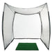 Golf practice net with a green mat on a white background