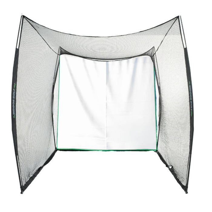 Golf practice net with a white screen inside on a white background