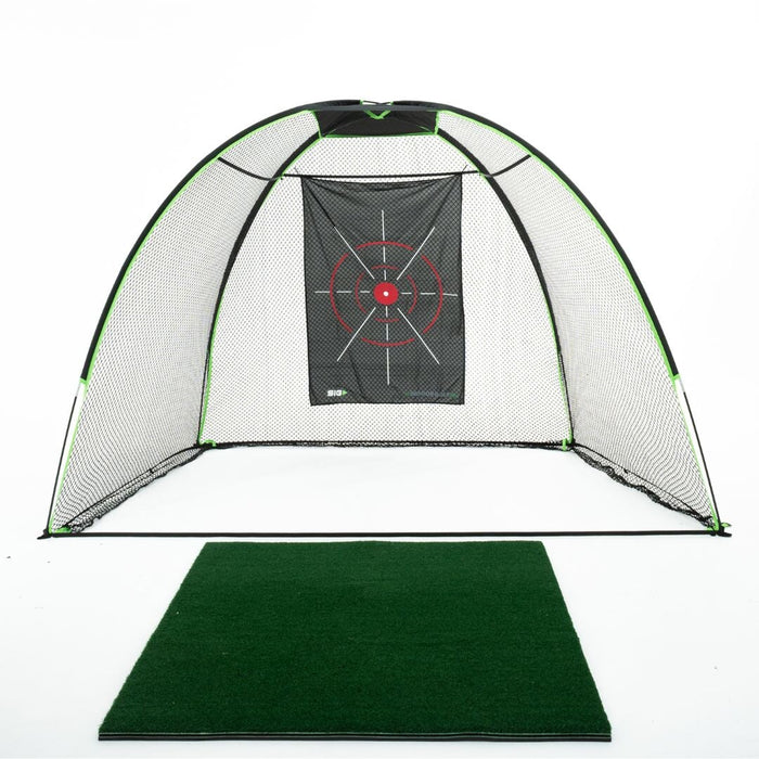 Golf practice net with target and mat on a white background