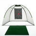 Golf practice net with target and mat on a white background