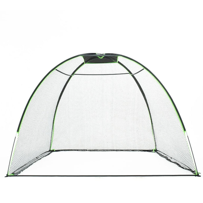 Golf practice net with green border on a white background