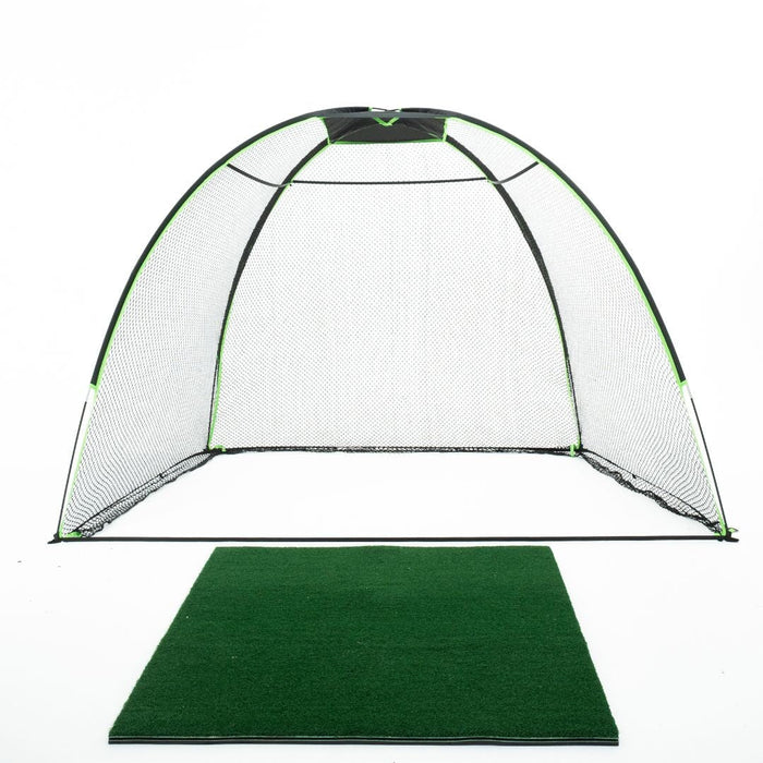 Golf practice net with a green mat on a white background