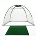 Golf practice net with a green mat on a white background