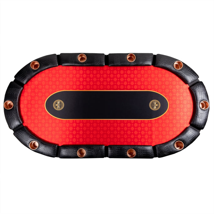 Red and black poker table with gold accents on a white background