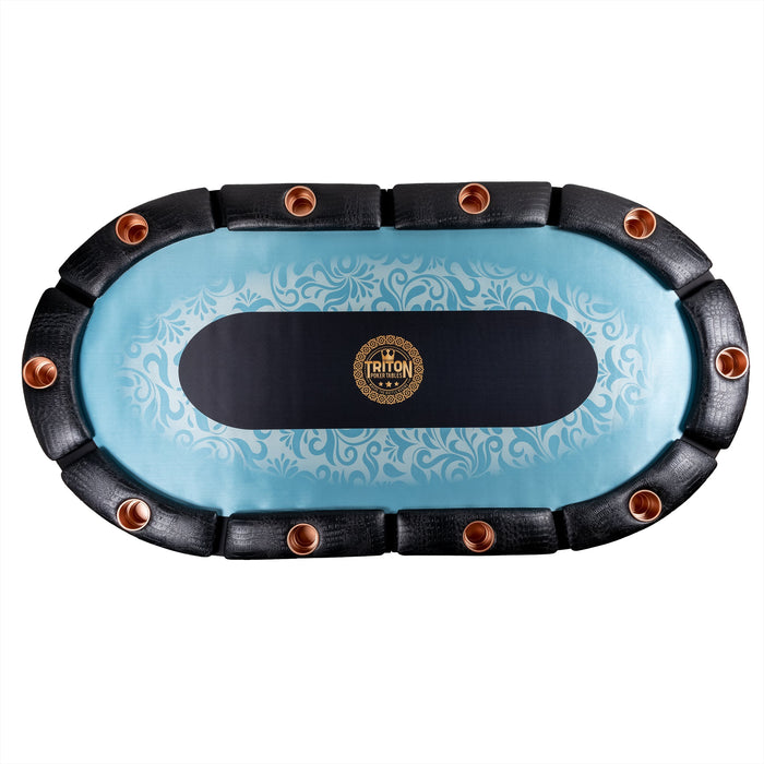 Blue poker table with decorative patterns and Triton logo on a white background