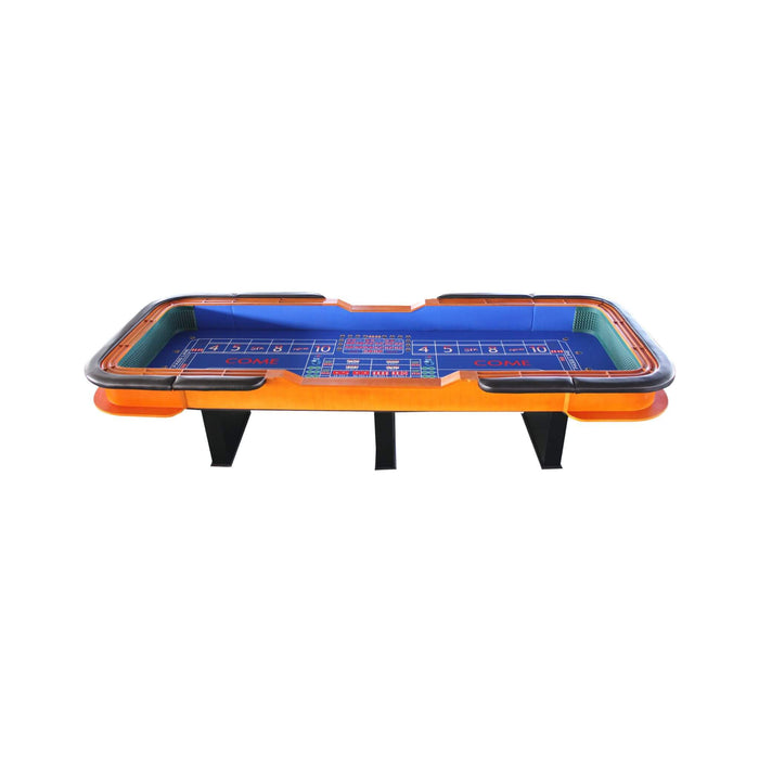 Portable card table with blue playing surface and orange border on a white background