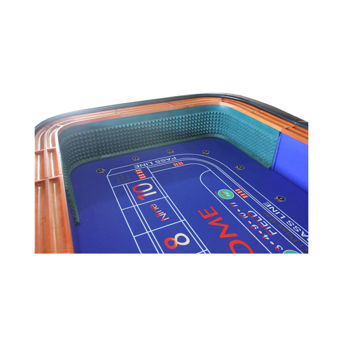 Craps table with blue surface and red text on a white background