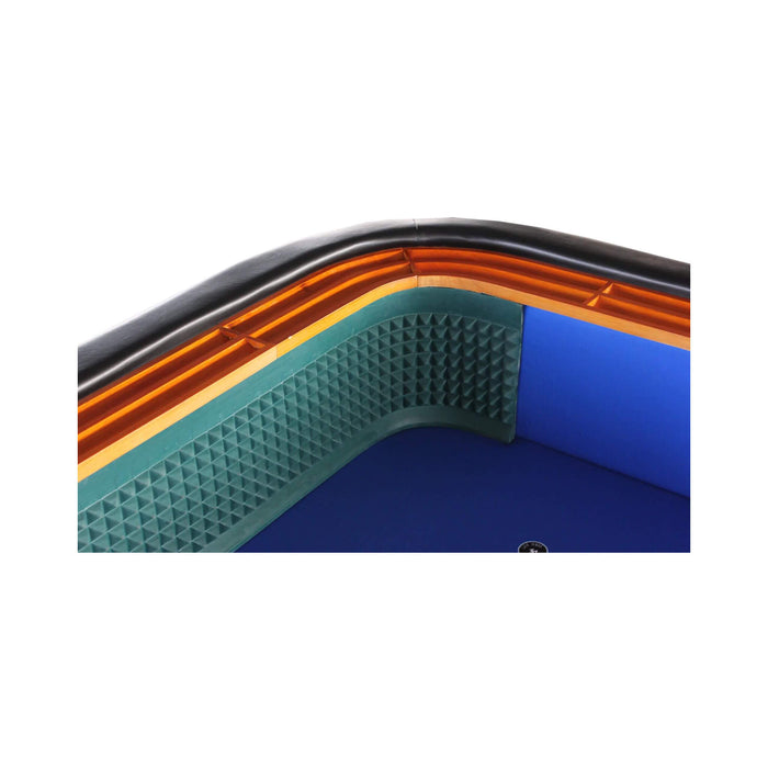 Close-up of a curved surface with blue, orange, and black colors on a white background