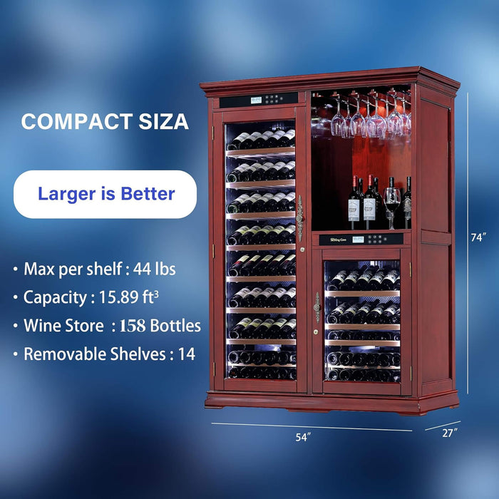 Wine cabinet with wine bottles and glasses on a blue background, featuring text about its capacity and features.