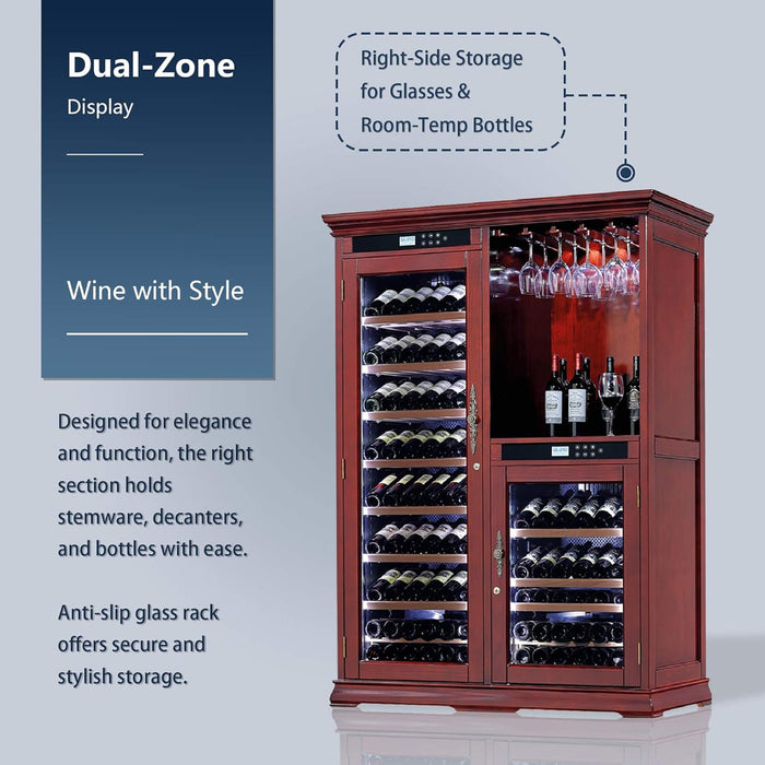 Wine cabinet with dual-zone design on a light gray background