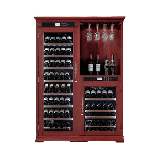 Red wine cabinet with glass holders and wine bottles on a white background