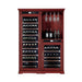 Red wine cabinet with glass holders and wine bottles on a white background