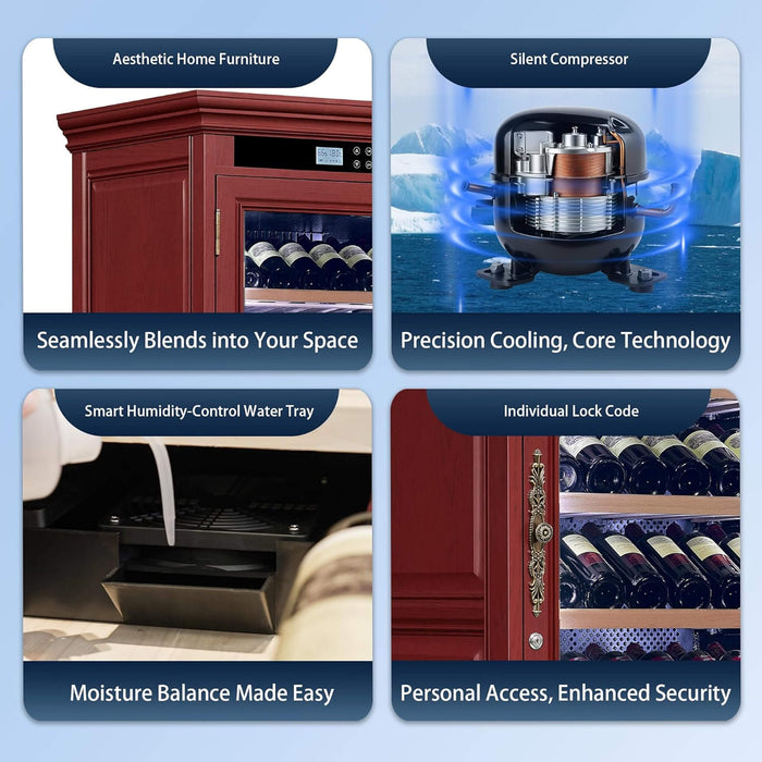 Wine cooler features with text labels on a blue background