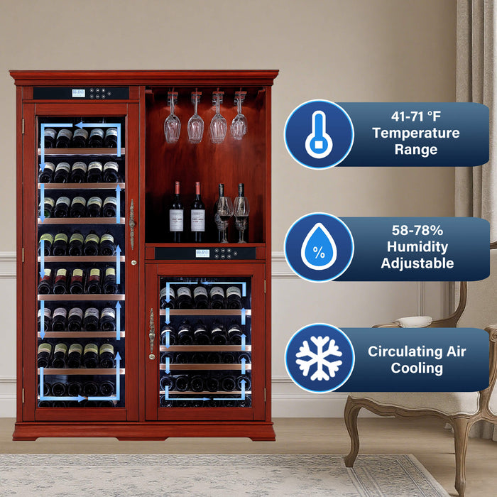 Wine cabinet with wine bottles and glasses, featuring temperature, humidity, and cooling system information.