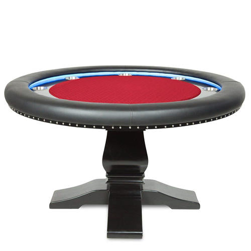 Poker table with red playing surface and black frame on a white background