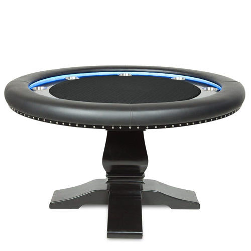 Black poker table with blue LED lights on a white background