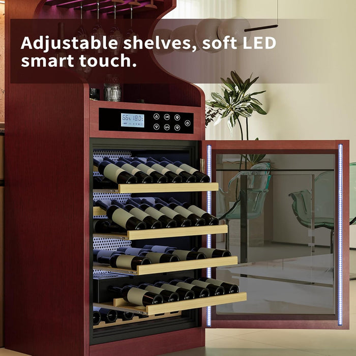 Wine cooler with adjustable shelves and soft LED lighting in a modern kitchen setting.