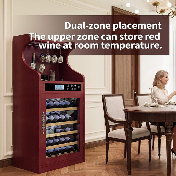 Wine cooler with dual-zone placement feature in a dining room setting.