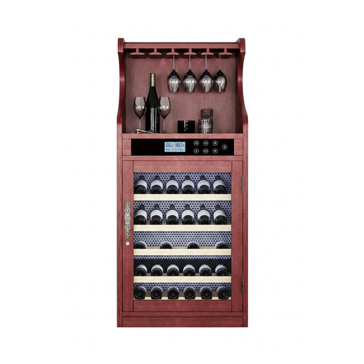 Wine cooler with wine bottles, glasses, and decanter on a white background