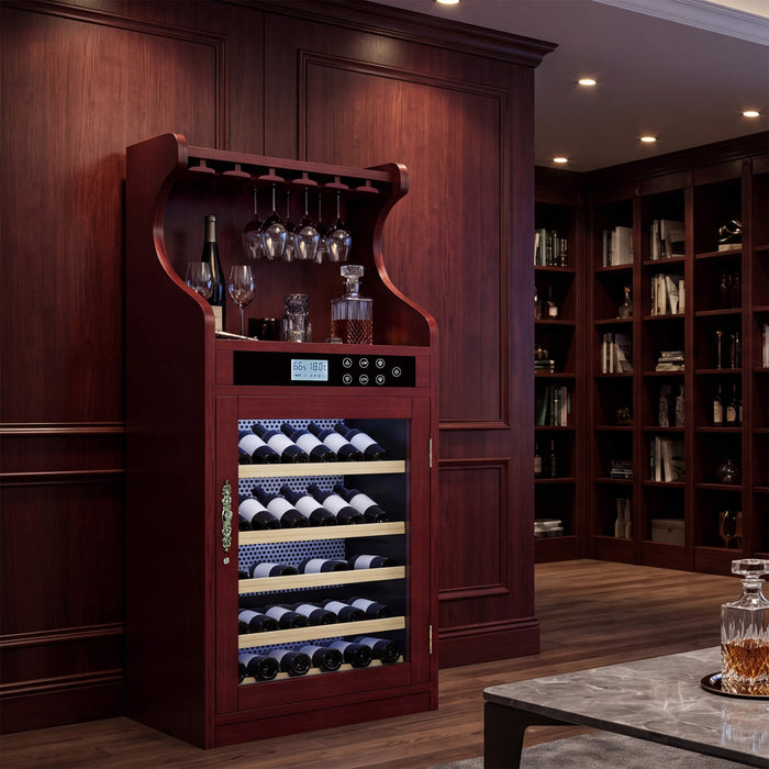 Wooden wine cabinet with wine bottles in a home setting