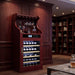 Wooden wine cabinet with wine bottles in a home setting