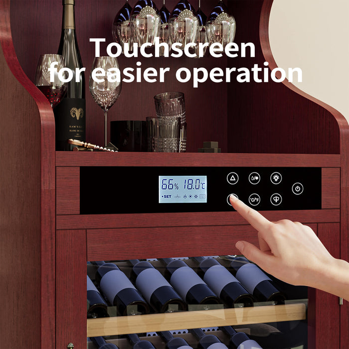 Wine cooler with digital display and touchscreen control panel, surrounded by wine bottles and glasses.