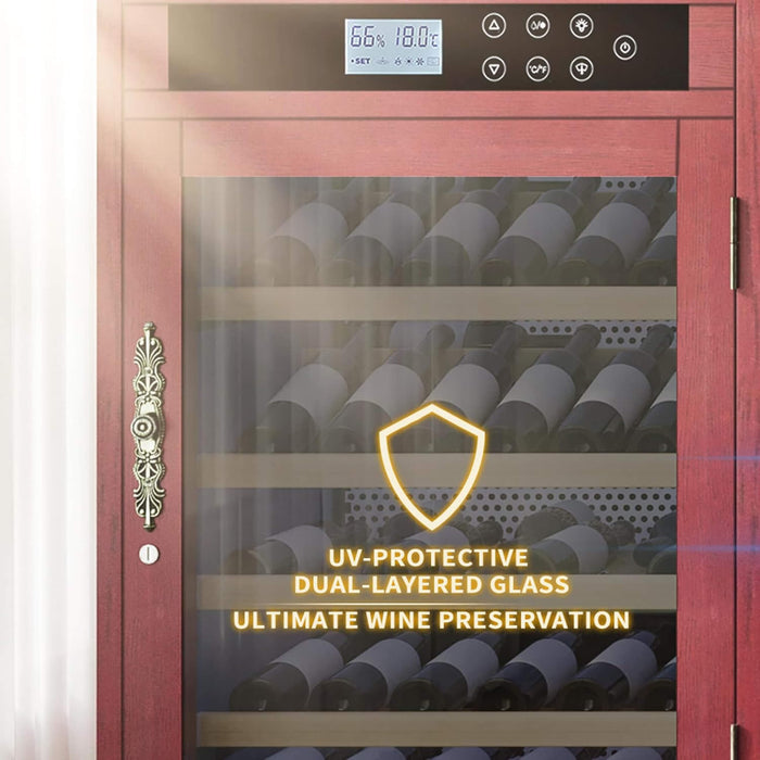 Wine cooler with UV-protective dual-layered glass and wine bottles inside.