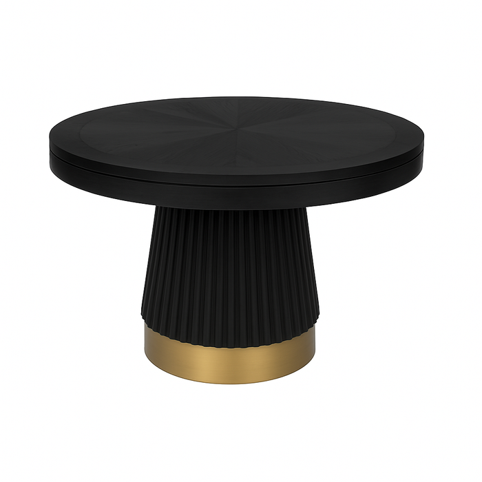 Black round table with a gold base on a white background