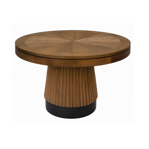 Wooden round table with a textured base on a white background