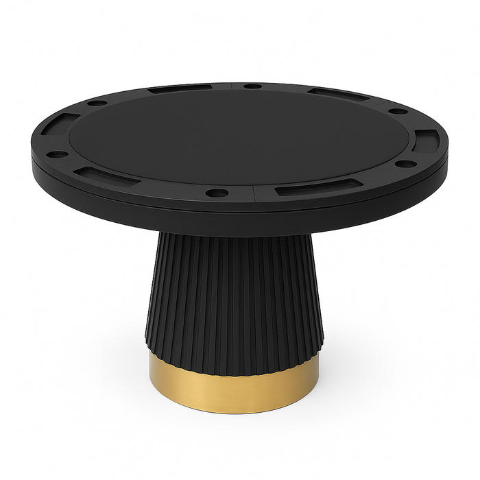 Black round table with a gold base on a white background