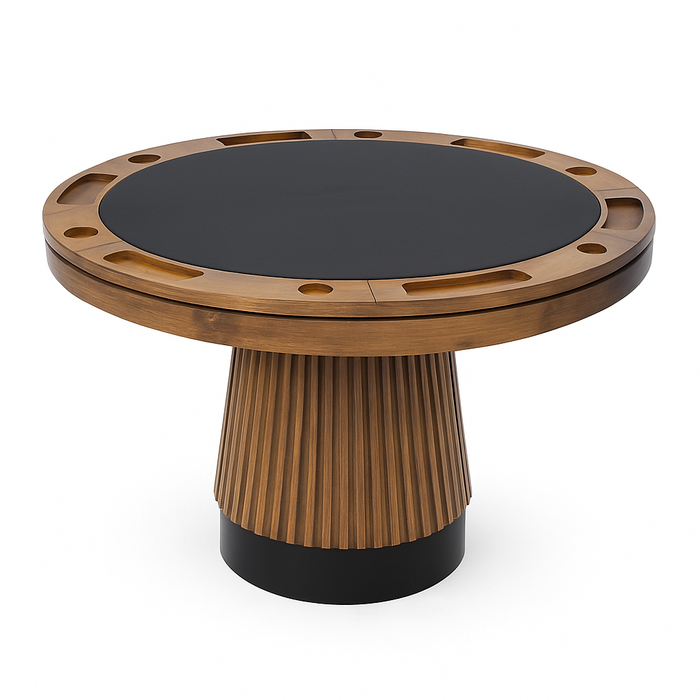 Wooden poker table with black playing surface on a white background