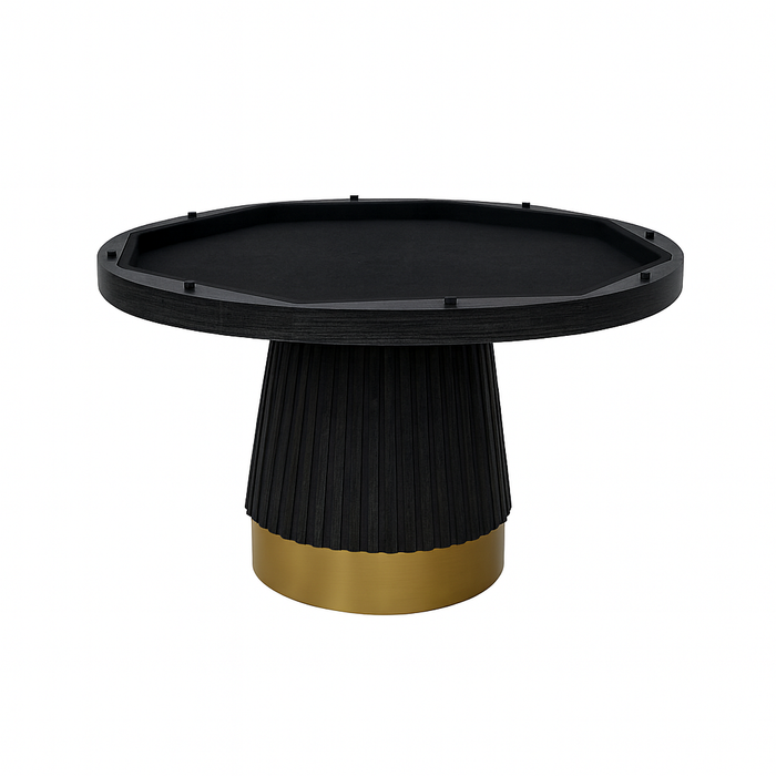 Black round table with a gold base on a white background