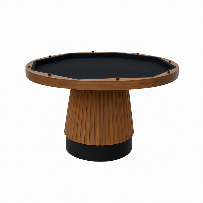 Wooden gaming table with a black playing surface on a white background
