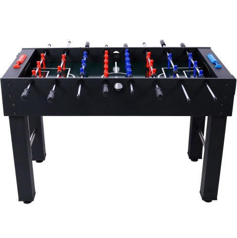 Foosball table with red, blue, and silver players on a white background