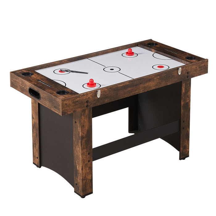 Wooden air hockey table with white playing surface and red pucks on a white background