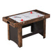 Wooden air hockey table with white playing surface and red pucks on a white background
