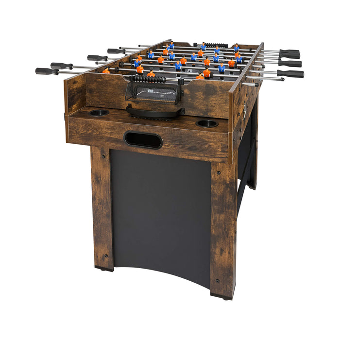 Wooden foosball table with metal rods and black legs on a white background