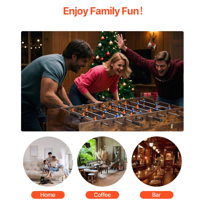 Family playing foosball with Christmas tree in background, promotional image for family activities.