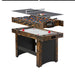 Multi-game table with foosball, ping pong, and air hockey sections on a white background