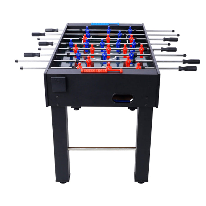 Foosball table with red, blue, and black figures on a white background