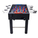 Foosball table with red, blue, and black figures on a white background