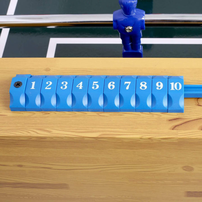 Blue table football scoring device on a wooden table