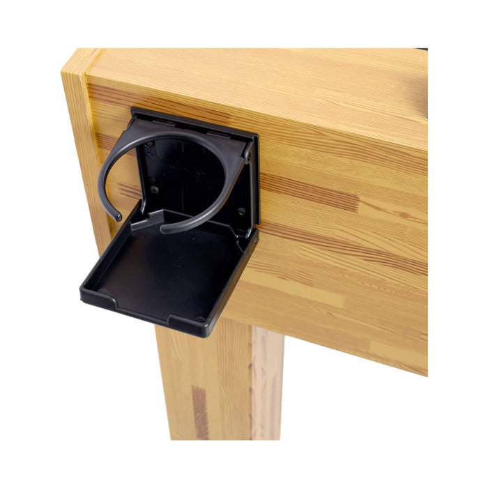 Black cup holder attached to a wooden table