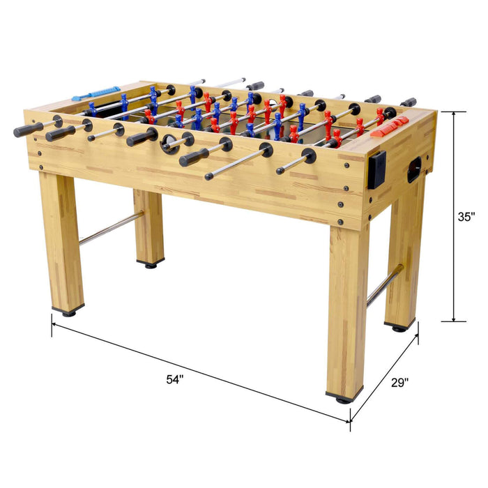 Foosball table with dimensions labeled on a white background