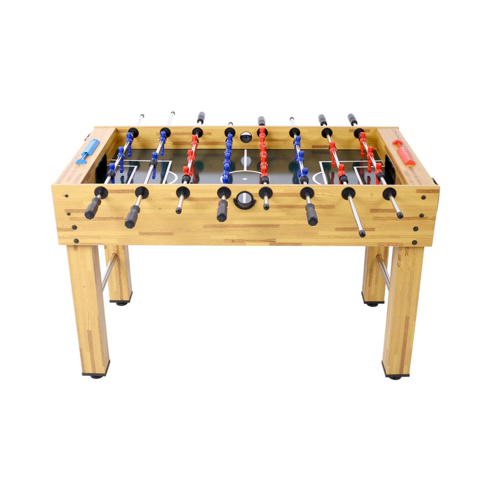 Foosball table with wooden frame and metal rods on a white background