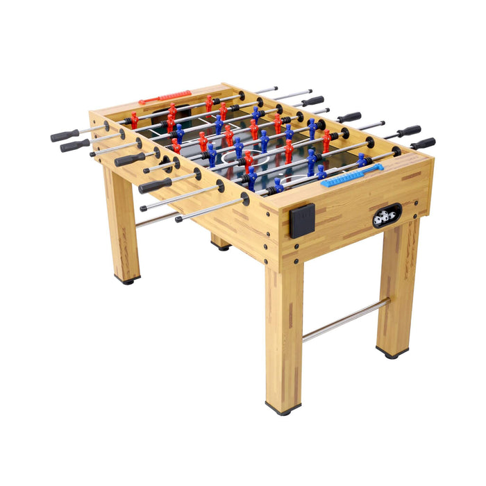 Foosball table with wooden frame and metal rods on a white background
