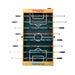Foosball table with green playing surface and wooden frame on a white background