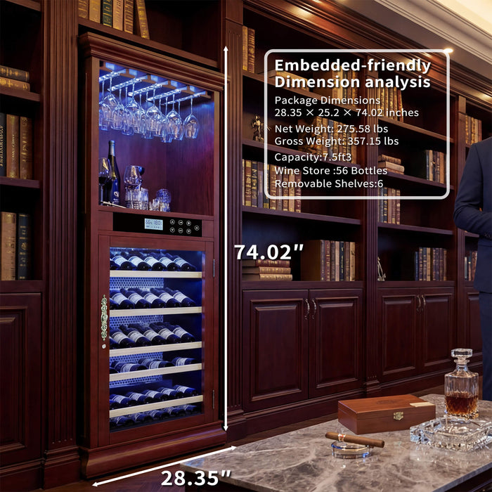 Wine cooler embedded in a wooden bookshelf with embedded-friendly dimension analysis.